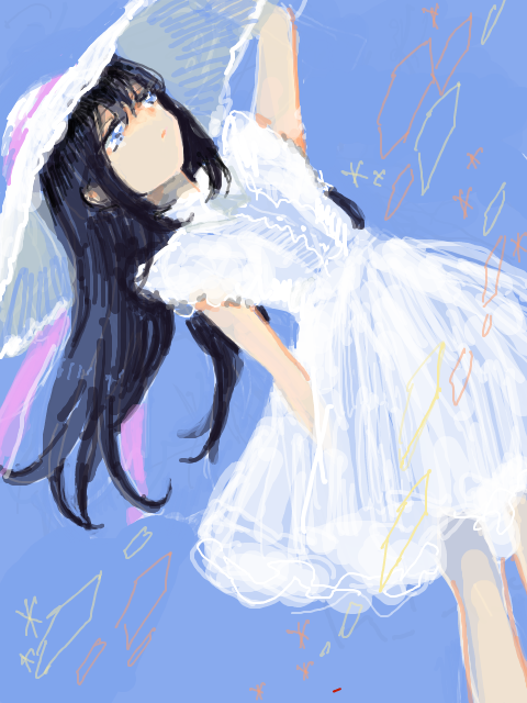 1girl, akemi_homura, alternate_costume, arm_at_side, arm_up, black_hair, blue_background, blue_eyes