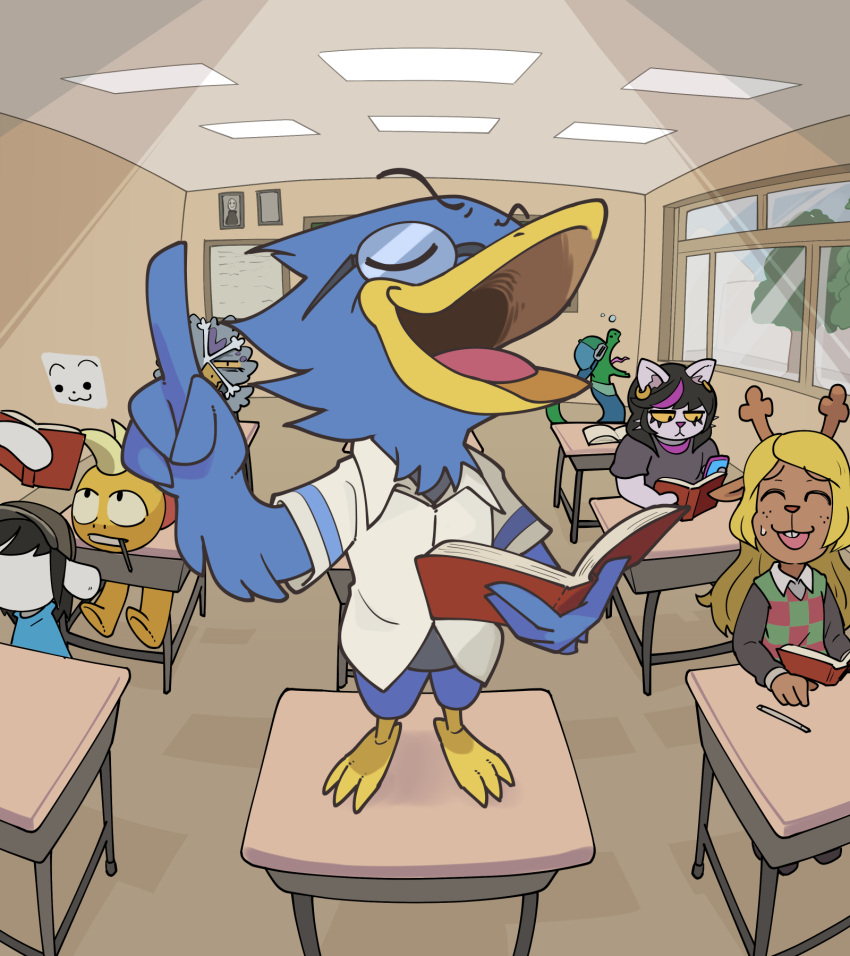 1other, 3boys, 3girls, beak, berdly_(deltarune), bird_boy, book, cat_girl