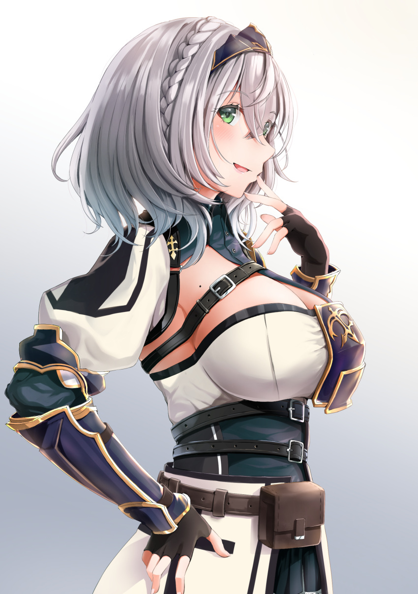 1girl, absurdres, bangs, belt, belt_pouch, black_belt, black_gloves, blush