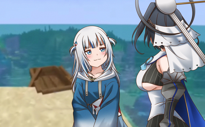 2girls, :3, absurdres, black_hair, blue_eyes, blue_hair, blue_hoodie, blush