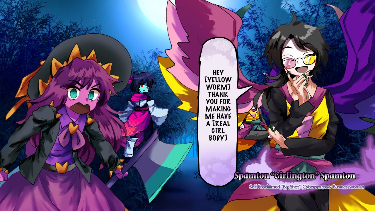 1other, 2girls, :d, axe, bamboo, bamboo_forest, black_hair, black_headwear