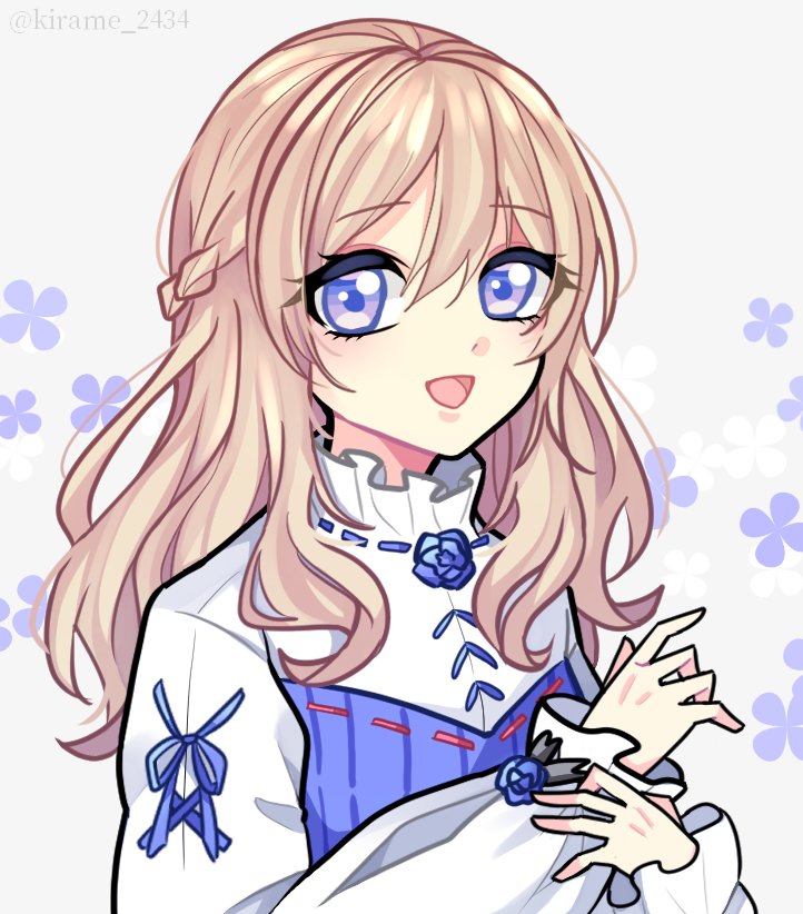 1girl, bangs, blonde_hair, blue_flower, blue_rose, braid, crown_braid, eyebrows_visible_through_hair, flower, medium_hair, nijisanji, nijisanji_kr, open_mouth, portrait, rose, shirt, smile, so_nagi, solo, sorahoshi_kirame_(artist), twitter_username, violet_eyes, virtual_youtuber, white_shirt