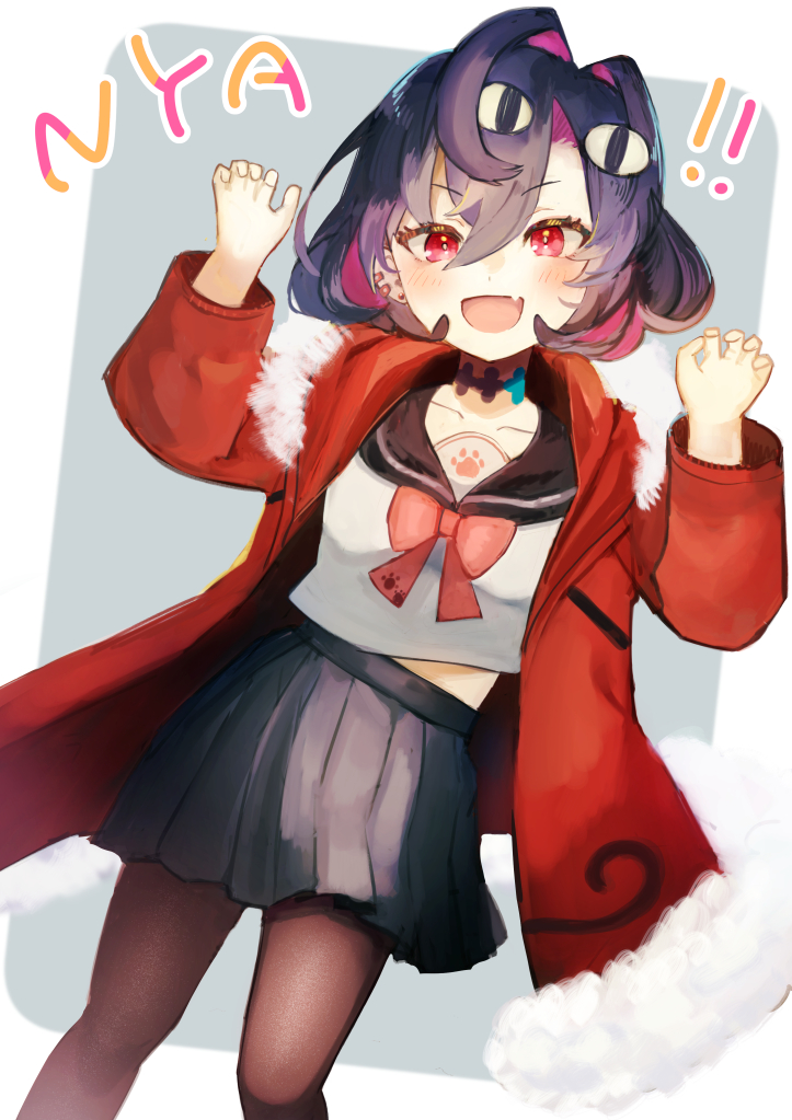 !, !!, 1girl, bangs, black_hair, black_skirt, claw_pose, collarbone