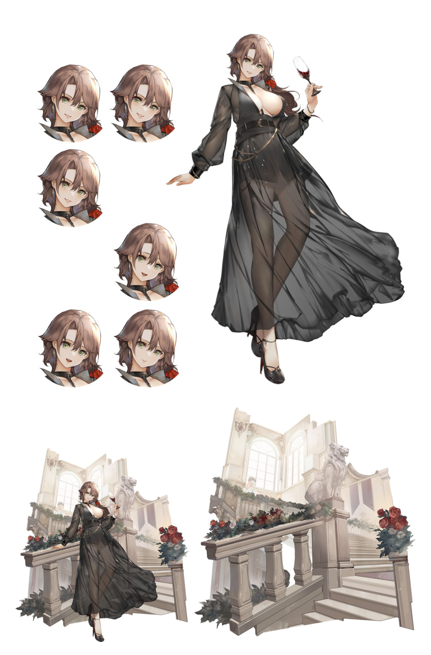 1girl, alcohol, azur_lane, black_dress, black_footwear, brown_hair, character_sheet, cup