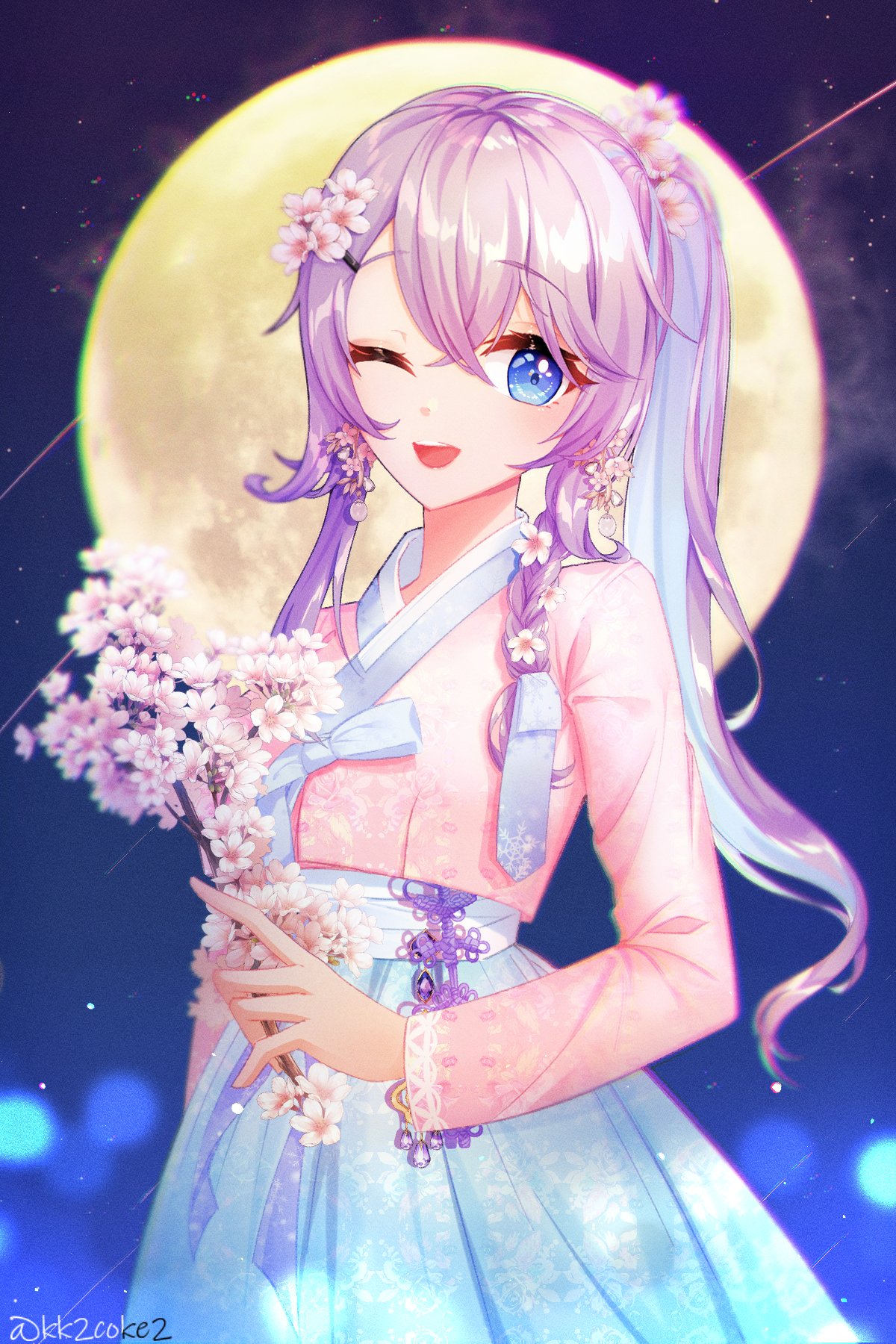 1girl, alternate_costume, bangs, blue_hair, branch, flower, hanbok, highres, holding, holding_branch, kka_kka, korean_clothes, korean_commentary, looking_to_the_side, moon, multicolored_hair, night, night_sky, nijisanji, nijisanji_kr, nun_bora, one_eye_closed, pink_flower, ponytail, purple_hair, sky, smile, solo, streaked_hair, twitter_username, virtual_youtuber