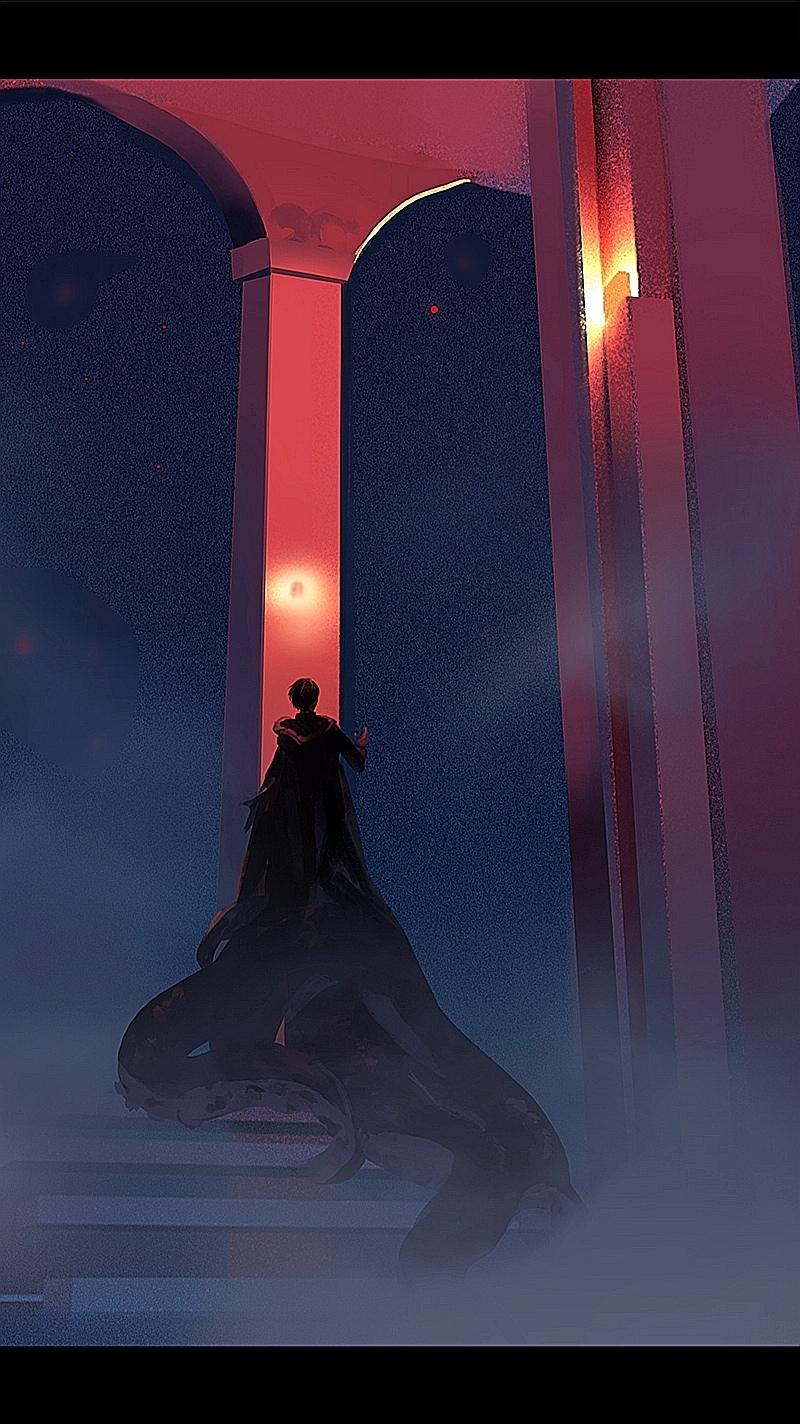 1boy, aisnow432, back, black_hair, cape, chinese_commentary, commentary_request, dark