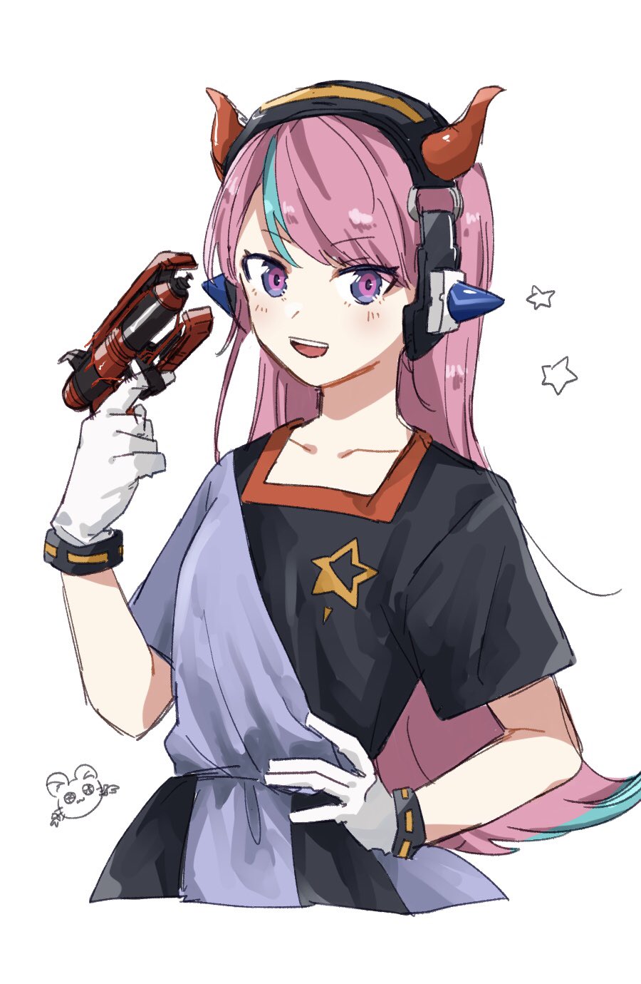 1girl, :d, aimai_(aimailskl), apex_legends, b3_wingman, black_dress, blue_dress, blue_hair, collarbone, crazy_raccoon, dress, eyebrows_visible_through_hair, fake_horns, gloves, gun, hand_on_hip, highres, holding, holding_gun, holding_weapon, horns, looking_at_viewer, multicolored_hair, open_mouth, pink_hair, revolver, selly55, smile, solo, star_(symbol), streaked_hair, two-tone_dress, violet_eyes, weapon, white_gloves
