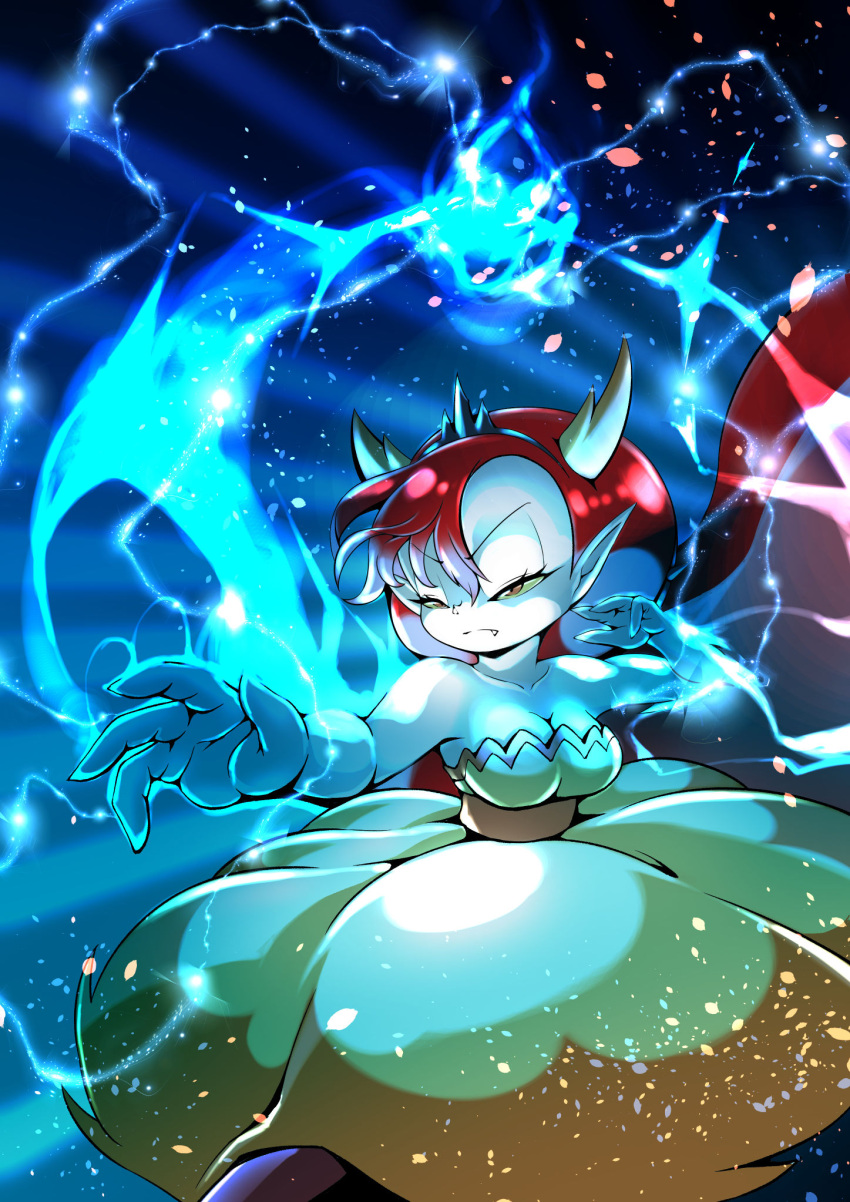 1girl, blue_fire, breasts, cocco_(cocco1192), colored_sclera, colored_skin, demon_girl, demon_horns