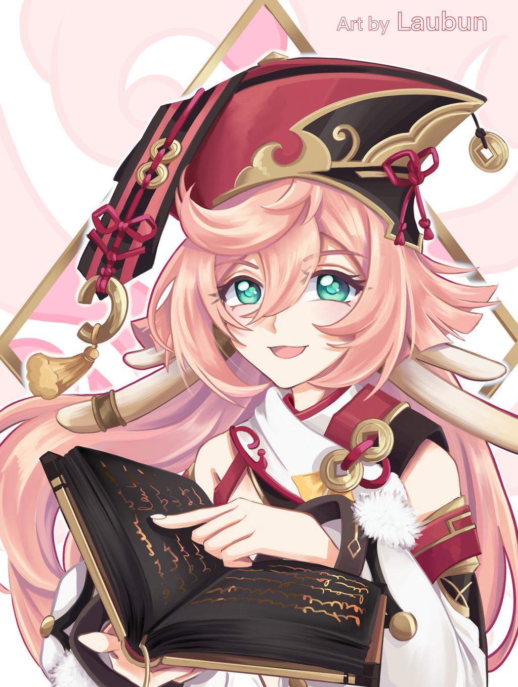1girl, :d, artist_name, bangs, bare_shoulders, book, commentary, detached_sleeves