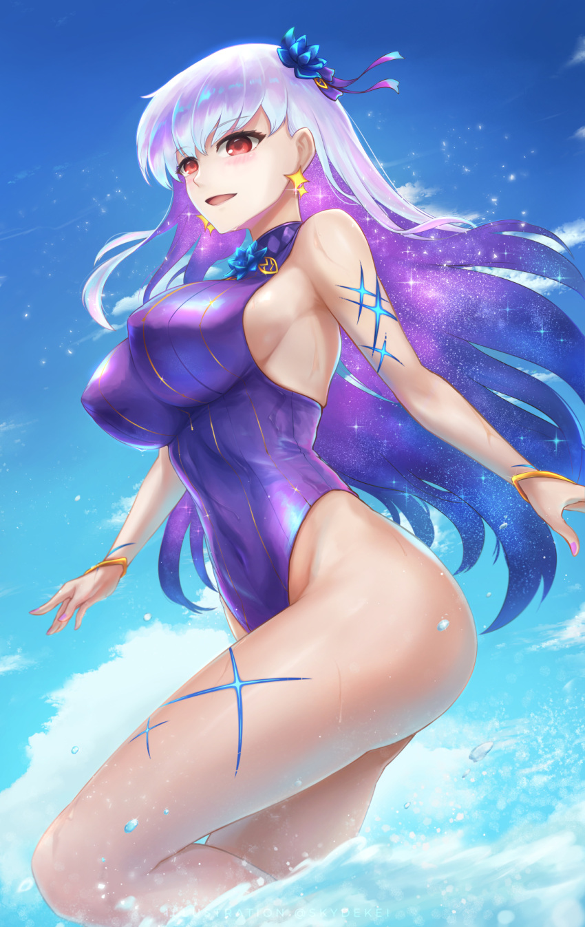 1girl, ass, bangs, bare_shoulders, bare_thighs, blue_hair, blue_sky, blue_swimsuit