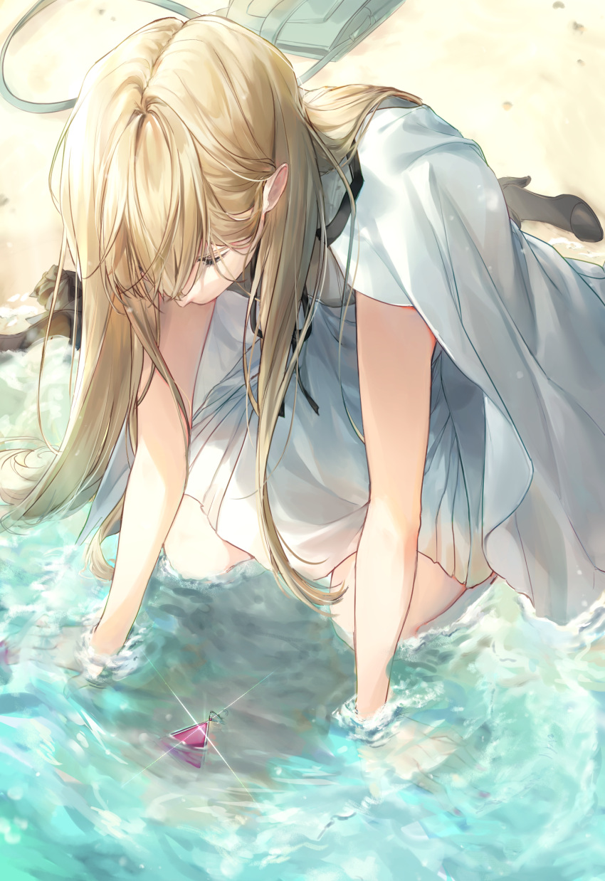 1girl, bag, bangs, blonde_hair, cape, commentary, dress, earring_removed