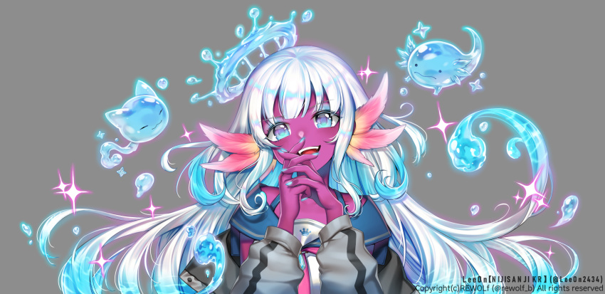 1girl, axolotl, bangs, black_jacket, blue_eyes, blue_nails, collarbone, colored_skin