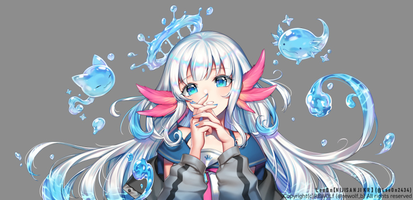 1girl, axolotl, bangs, black_jacket, blue_eyes, blue_nails, collarbone, eyebrows_visible_through_hair