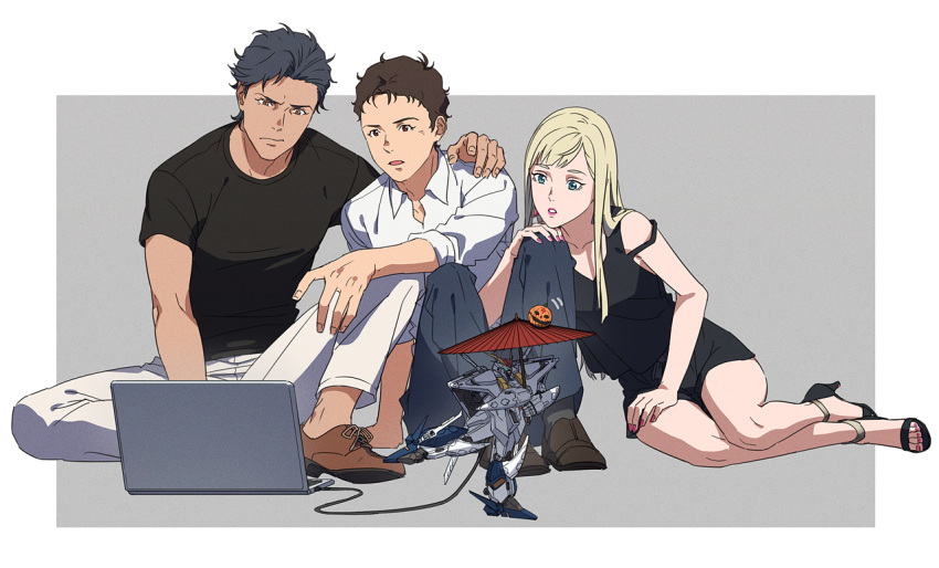 1girl, 2boys, arm_around_shoulder, black_dress, black_footwear, black_shirt, blonde_hair, blue_pants