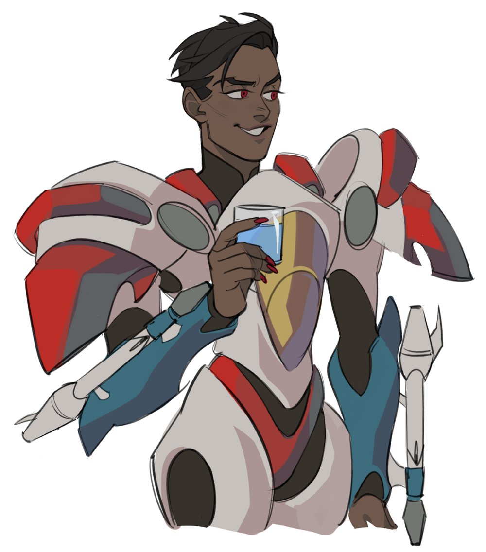 1boy, arm_cannon, black_hair, cropped_legs, cup, dark-skinned_male, dark_skin, decepticon, english_commentary, hair_behind_ear, holding, holding_cup, ninterbit, parted_lips, personification, power_armor, red_eyes, red_nails, smile, smirk, solo, starscream, transformers, weapon, white_background