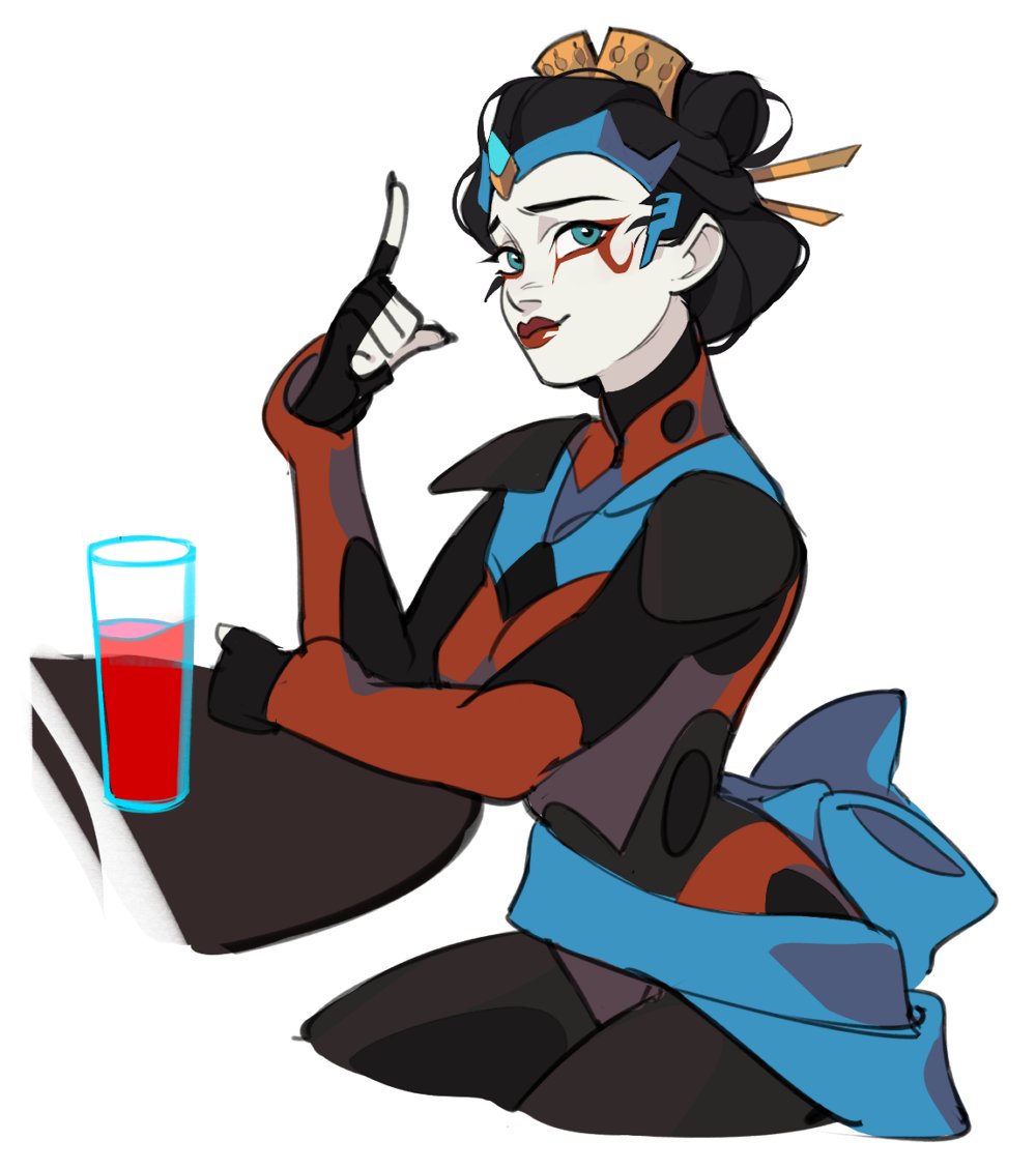 1girl, autobot, black_gloves, black_hair, black_nails, blue_eyes, bodysuit, english_commentary, eyeliner, gloves, hair_behind_ear, hair_ornament, hair_stick, headdress, makeup, ninterbit, pale_skin, personification, pointing, pointing_up, red_bodysuit, red_eyeliner, smile, solo, tied_hair, transformers, windblade