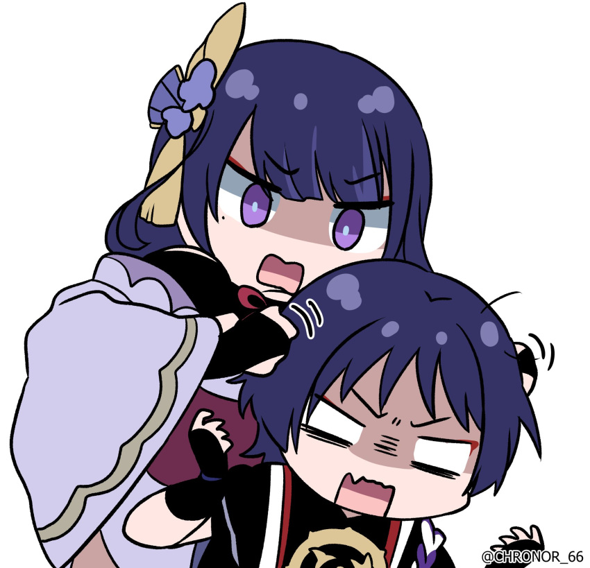1boy, 1girl, armor, bangs, behind_another, black_kimono, blunt_bangs, bridal_gauntlets, chronor_66, eyebrows_visible_through_hair, fan_hair_ornament, flower, folding_fan, furrowed_brow, genshin_impact, hair_flower, hair_intakes, hair_ornament, hand_fan, hands_on_another's_head, highres, japanese_armor, japanese_clothes, kimono, kote, kurokote, layered_clothing, layered_kimono, long_sleeves, mole, mother_and_son, noogie, open_mouth, pink_eyes, pink_kimono, purple_flower, purple_hair, raiden_shogun, scaramouche_(genshin_impact), shaded_face, sidelocks, tomoe_(symbol), white_background, wide_sleeves