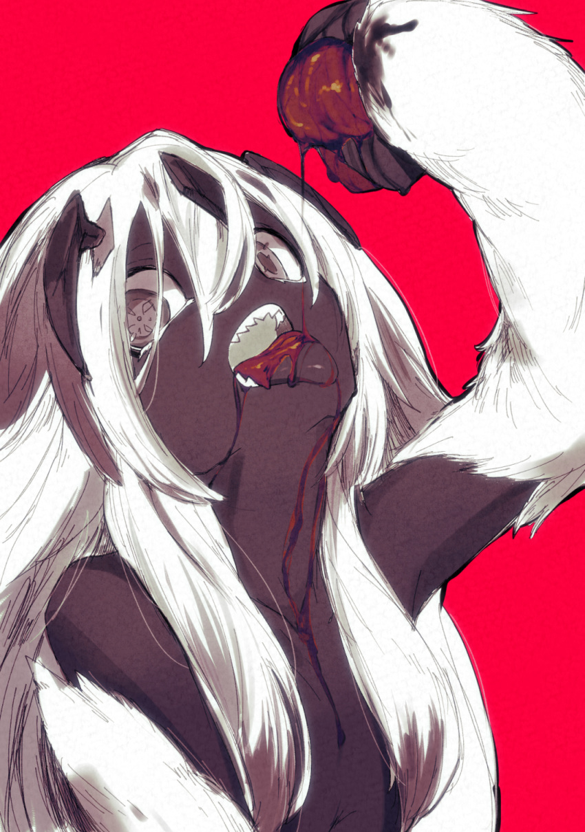 1girl, arm_up, blood, blood_on_chest, blood_on_face, character_request, commentary_request, dark-skinned_female, dark_skin, dripping, flat_chest, fur, grey_eyes, hair_between_eyes, hair_over_breasts, highres, holding, long_hair, looking_at_viewer, made_in_abyss, monster_girl, nude, open_mouth, pink_background, sharp_teeth, sidelocks, simple_background, solo, symbol-shaped_pupils, teeth, tomii_(tomp_son), tongue, tongue_out, upper_body, very_dark_skin, white_fur, white_hair