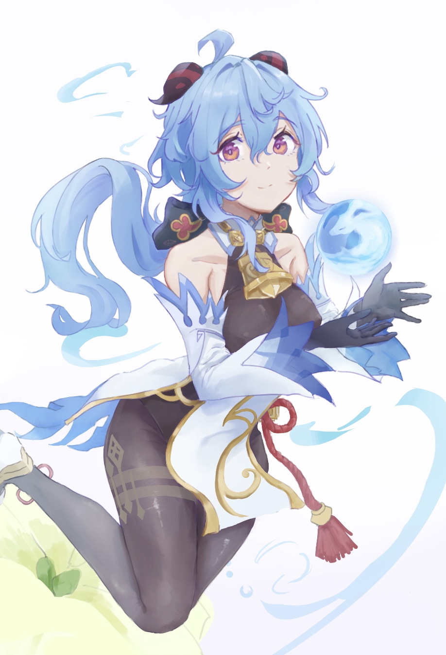 1girl, bare_shoulders, bell, black_bodysuit, blue_hair, bodice, bodysuit, breasts, closed_mouth, cowbell, detached_sleeves, eyebrows_visible_through_hair, ganyu_(genshin_impact), genshin_impact, goat_horns, hair_between_eyes, highres, horns, long_hair, medium_breasts, omchee, smile, solo, violet_eyes
