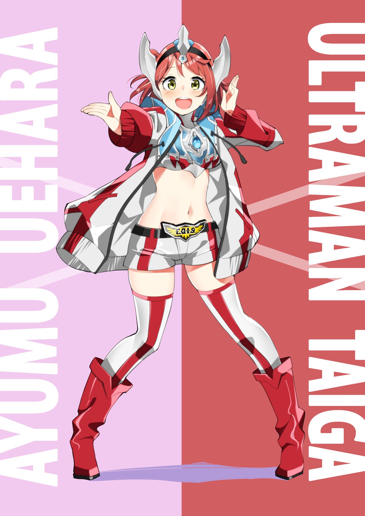 1girl, bangs, belt, boots, breasts, buckle, character_name, color_timer