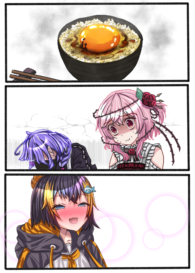3girls, :3, blue_eyes, blush, bowl, chopsticks, commentary_request, egg
