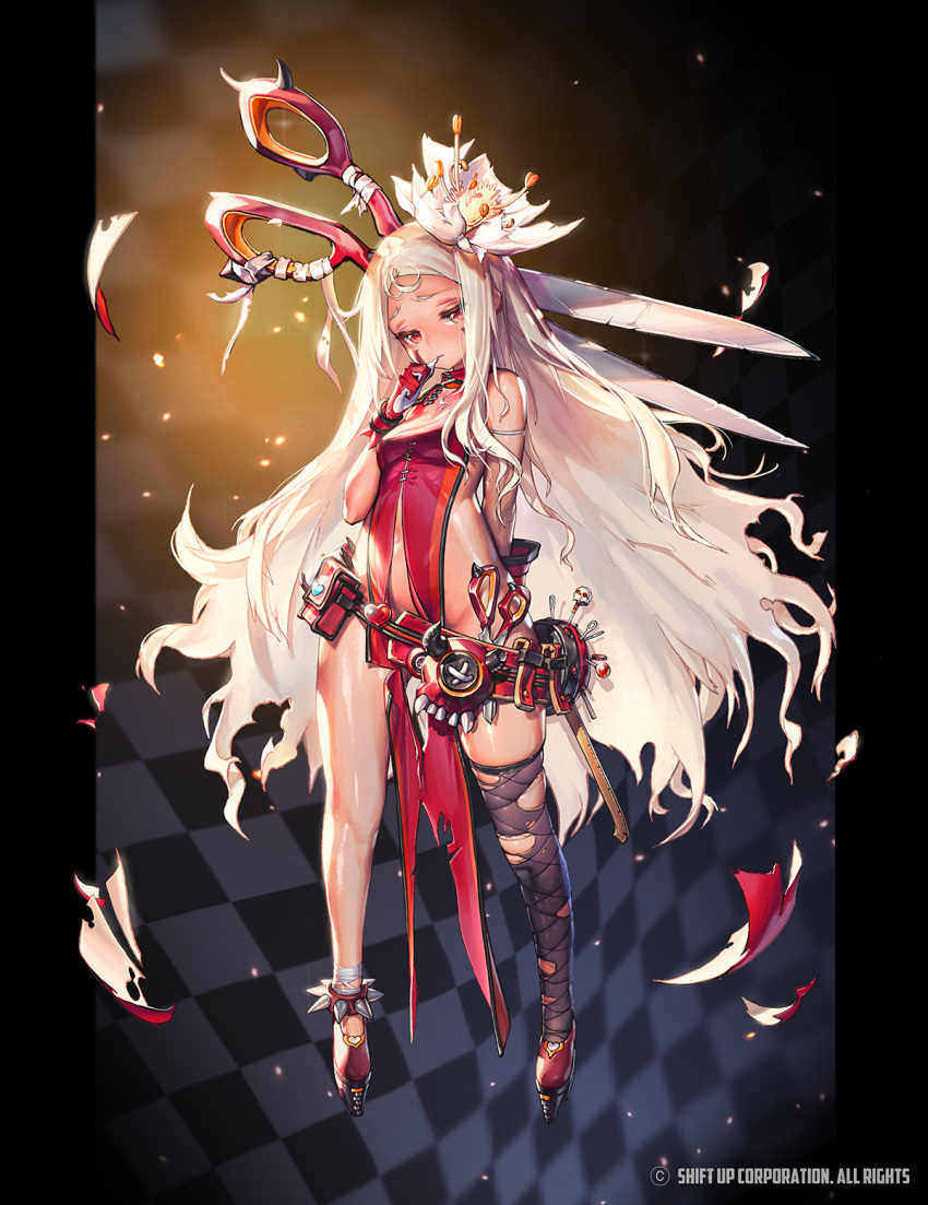 1girl, arm_behind_back, bandages, bangs, belt, black_legwear, blue_heart, closed_mouth, commentary, commentary_request, destiny_child, eyes_visible_through_hair, facial_tattoo, full_body, gloves, heart, highres, horns, keino_(destiny_child), long_hair, looking_at_viewer, navel, needle, official_art, plaid, punc_p, red_eyes, red_footwear, red_gloves, red_heart, scissors, scissors_hair_ornament, single_thighhigh, skull, solo, standing, tattoo, thigh-highs, thumb_to_mouth, torn_clothes, very_long_hair, white_hair