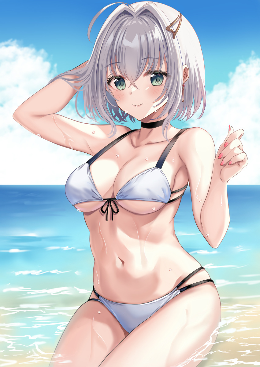 1girl, absurdres, beach, bikini, black_choker, blue_sky, breasts, choker