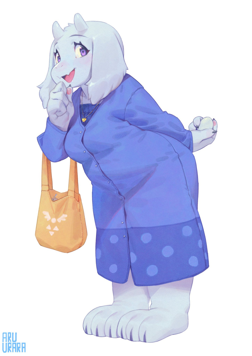 1girl, animal_ears, bag, blue_dress, deltarune, dress, fangs, full_body
