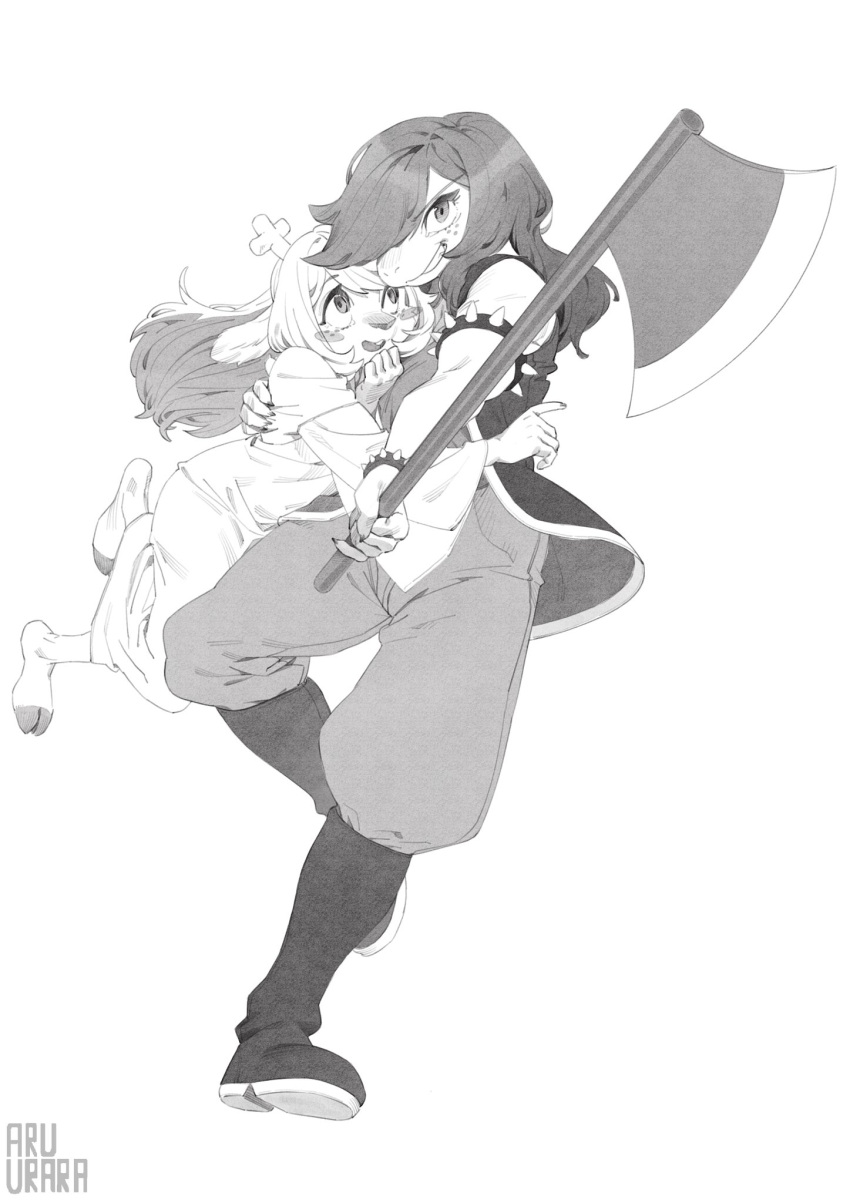 2girls, animal_ears, antlers, axe, boots, bracelet, buck_teeth, deer_ears