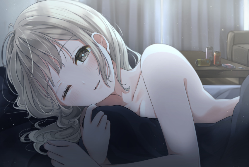 1girl, absurdres, bangs, bare_shoulders, blanket, blanket_hug, blonde_hair, blurry