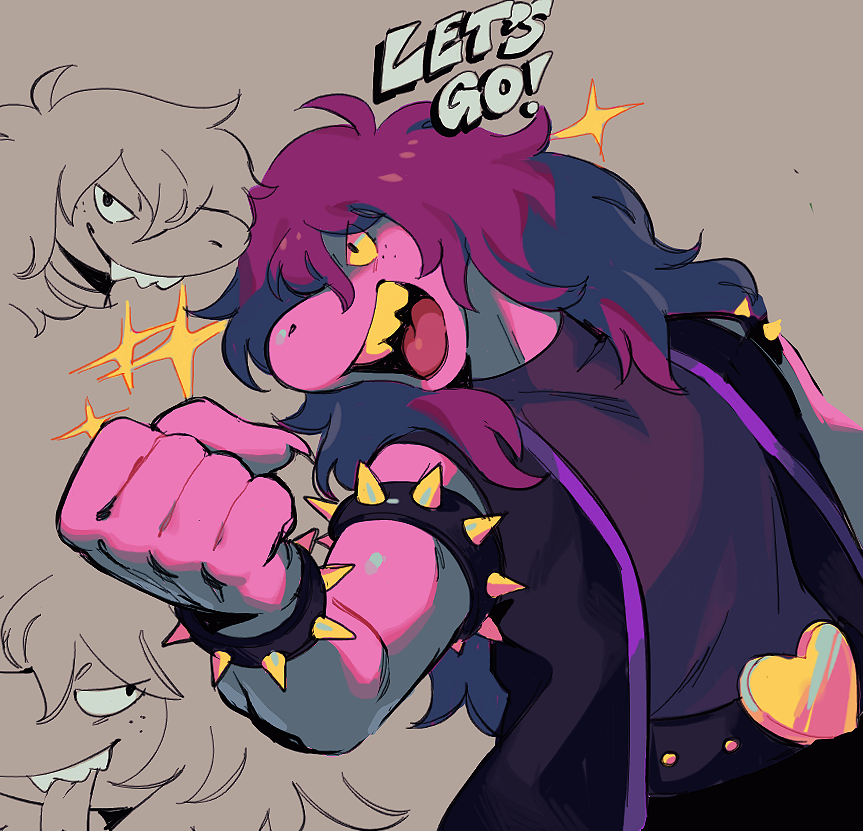 1girl, bracelet, colored_sclera, colored_skin, deltarune, english_commentary, english_text, freckles, furry, heart_belt, jewelry, multiple_views, open_mouth, purple_hair, simple_background, smile, sorrysap, sparkle, spiked_bracelet, spikes, susie_(dark_world)_(deltarune), susie_(deltarune), yellow_sclera, yellow_teeth