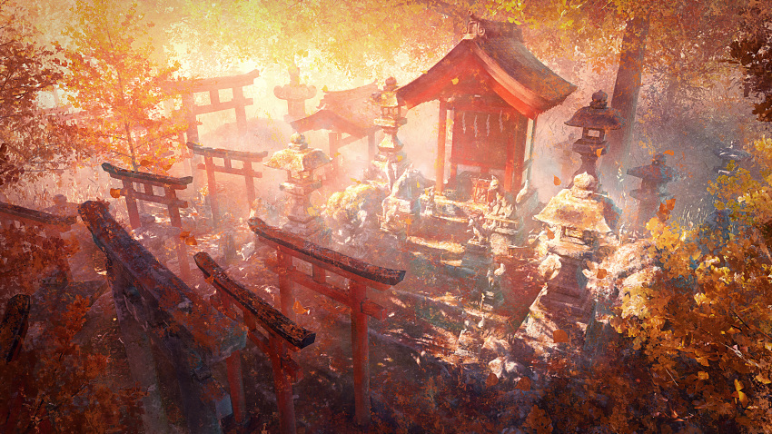 absurdres, autumn, autumn_leaves, box, day, donation_box, falling_leaves, foliage