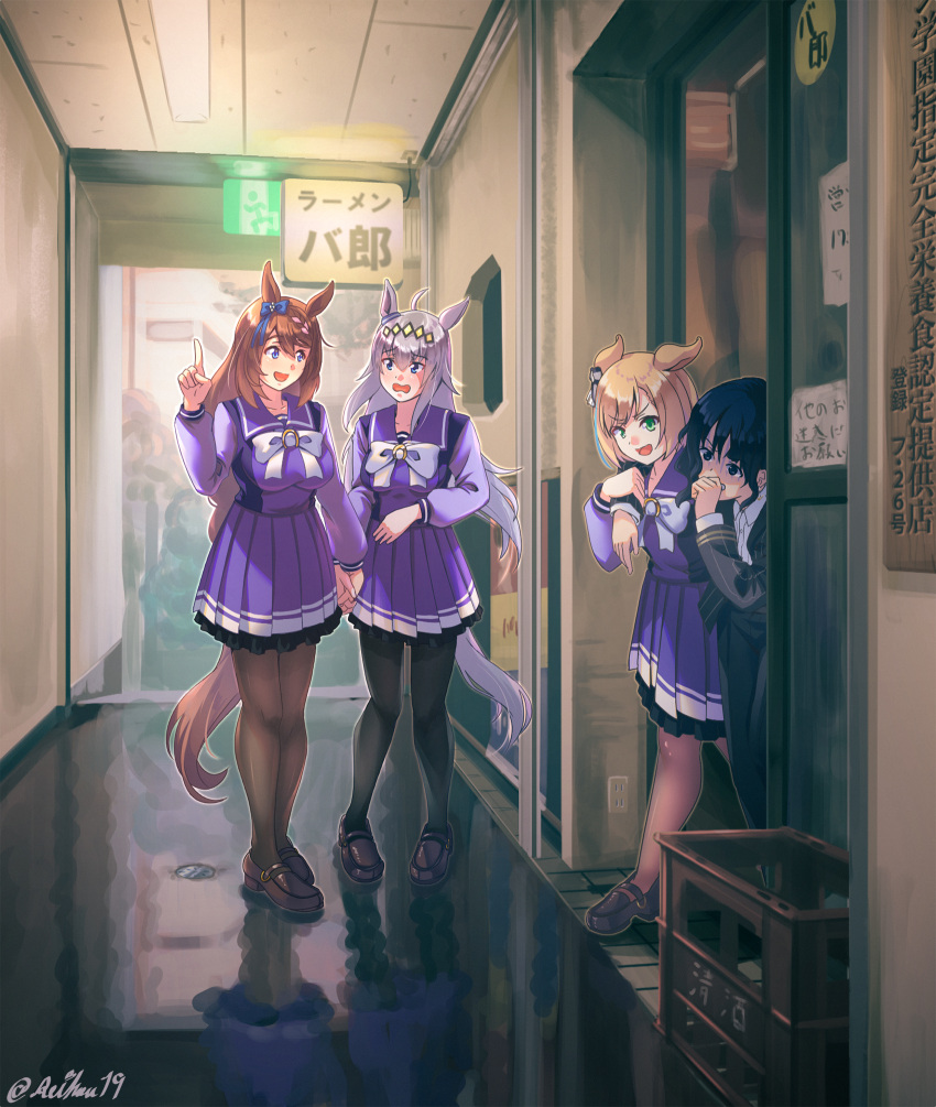 4girls, ahoge, animal_ears, black_footwear, black_legwear, blonde_hair, bow, bowtie