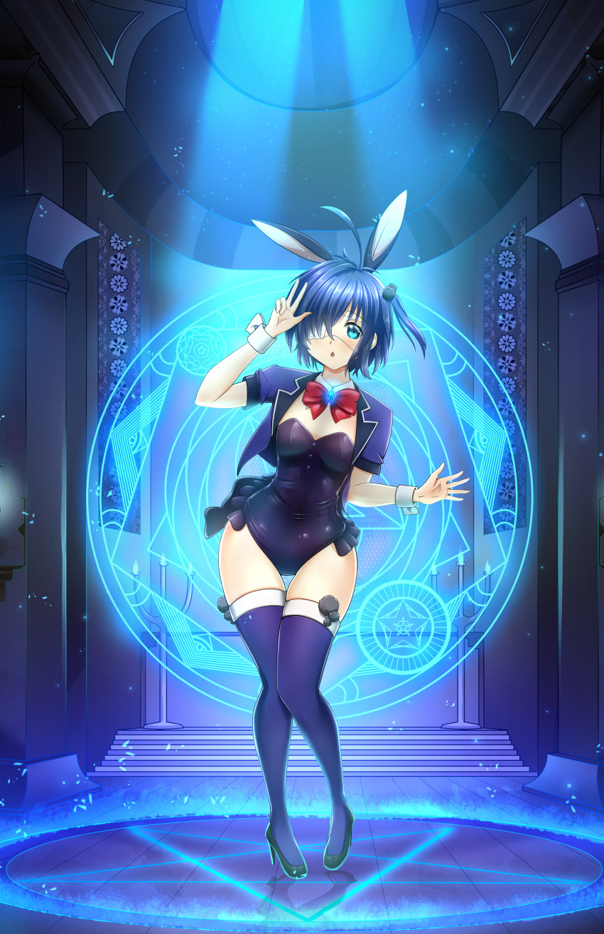 1girl, :o, absurdres, ahoge, alternate_costume, animal_ears, bangs, black_footwear, blue_theme, blush, bow, bowtie, breasts, chuunibyou_demo_koi_ga_shitai!, commentary, contrapposto, cropped_jacket, english_commentary, eyepatch, fake_animal_ears, full_body, glowing, hand_up, high_heels, highres, indoors, itacho_(itasha_draws), jacket, leaning_forward, light, looking_at_viewer, medical_eyepatch, mixed-language_commentary, one_side_up, open_mouth, pentagram, pink_jacket, playboy_bunny, rabbit_ears, red_bow, red_neckwear, shiny, shiny_clothes, shoes, short_hair, short_sleeves, skindentation, small_breasts, solo, standing, star_(symbol), takanashi_rikka, thigh-highs, w, white_eyepatch, wrist_cuffs