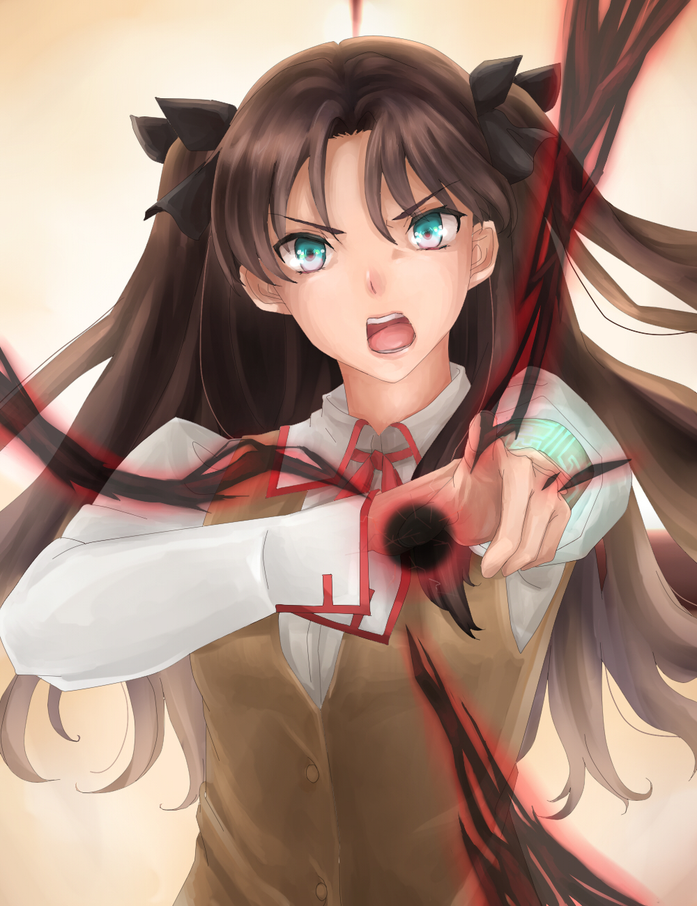 1girl, aqua_eyes, black_bow, bow, brown_hair, brown_vest, collared_shirt, cowboy_shot