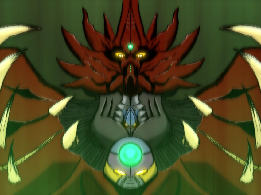 absurdres, getter_robo, getter_robo_arc, getter_saint_dragon, glowing, glowing_eyes, green_background, highres, horns, monster, motion_blur, motion_lines, nagai_(pixiv50195132), no_humans, shin_getter_robo, solo, spikes, upper_body, yellow_eyes