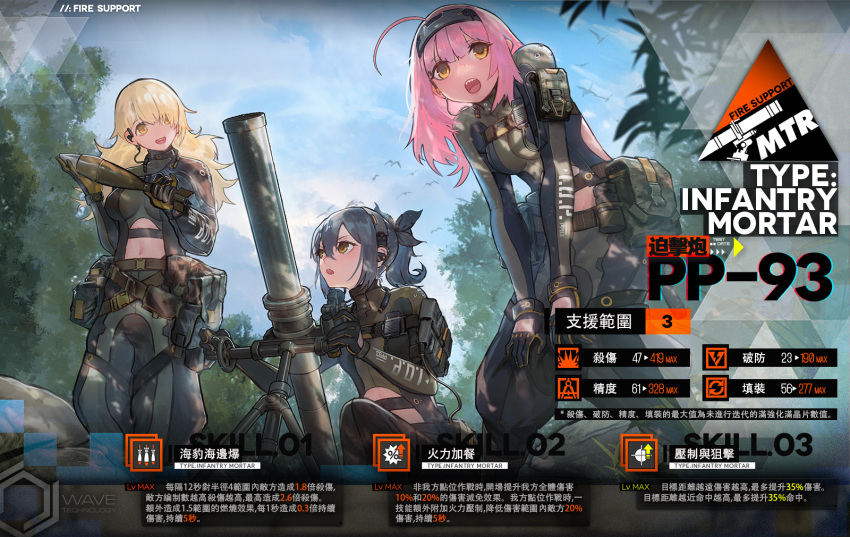 3girls, ammunition, artist_request, belt, bird, black_gloves, blonde_hair, blue_hair, blue_sky, breasts, brown_eyes, character_name, commentary_request, eyebrows_visible_through_hair, from_below, girls_frontline, gloves, hair_ornament, headphones, highres, holding, long_hair, looking_at_another, looking_at_viewer, medium_breasts, medium_hair, mortar_(weapon), multicolored_hair, multiple_girls, navel, official_art, open_mouth, pink_hair, pp-93_(girls'_frontline), side_ponytail, sitting, sky, small_breasts, smile, standing, tactical_clothes, uniform, weapon, yellow_eyes
