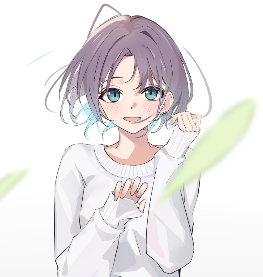 1girl, :d, alternate_costume, asakura_tooru, bangs, blue_hair, blurry, blurry_foreground, blush, earrings, floating_hair, gradient_hair, highres, idolmaster, idolmaster_shiny_colors, jewelry, light_smile, long_sleeves, looking_at_viewer, multicolored_hair, open_mouth, parted_bangs, purple_hair, short_hair, simple_background, sleeves_past_wrists, smile, solo, suyaya_oyasumi, sweater, upper_body, white_sweater