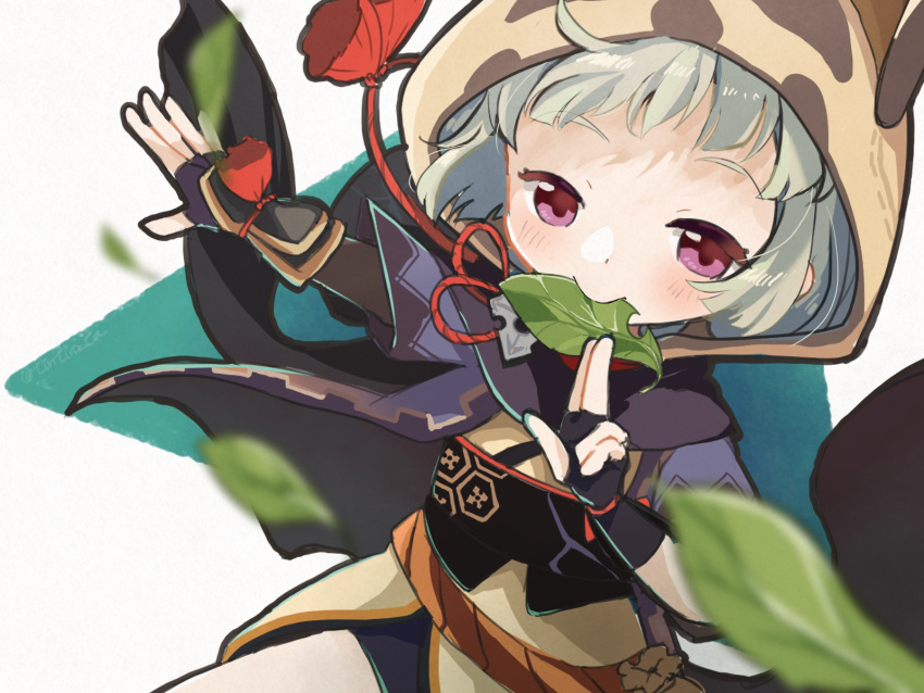 animal_ears, animal_hood, arm_guards, bike_shorts, black_gloves, black_scarf, blurry, depth_of_field, fake_animal_ears, fake_tail, fingerless_gloves, fingers_together, genshin_impact, gloves, highres, hood, japanese_clothes, leaf, mouth_hold, obi, raccoon_ears, raccoon_tail, sash, sayu_(genshin_impact), scarf, shuriken, silver_hair, sketch, tail, thick_eyebrows, tintira_ta, violet_eyes, weapon, white_background, wind