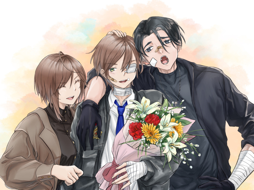 1girl, 2boys, bandaged_arm, bandaged_hand, bandages, black_gloves, black_hair, black_jacket, black_shirt, blue_eyes, blue_neckwear, bouquet, breasts, brown_hair, brown_jacket, brown_shirt, character_request, closed_eyes, commentary_request, eyebrows_visible_through_hair, eyepatch, finellen, flower, girls_frontline, gloves, green_eyes, grey_jacket, hand_on_hip, hand_on_own_head, hand_on_shoulder, highres, holding, holding_bouquet, holding_flower, j_(girls'_frontline), jacket, jewelry, light_(girls'_frontline), looking_at_viewer, medium_hair, multiple_boys, necklace, necktie, open_clothes, open_jacket, open_mouth, patch, shirt, short_hair, simple_background, smile, upper_body, white_shirt