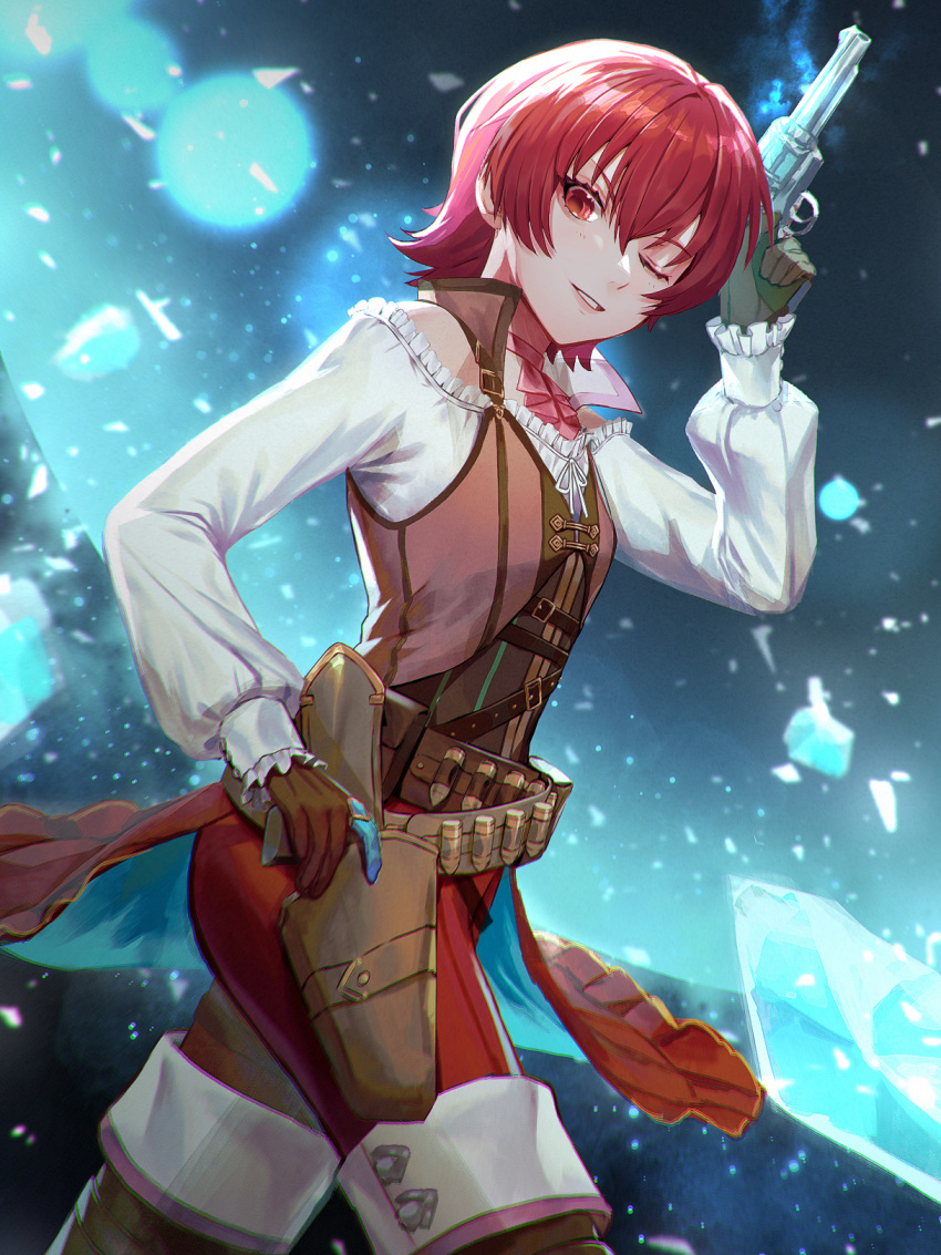 1girl, arm_up, bandolier, belt, brown_gloves, bullet, choker, collared_vest