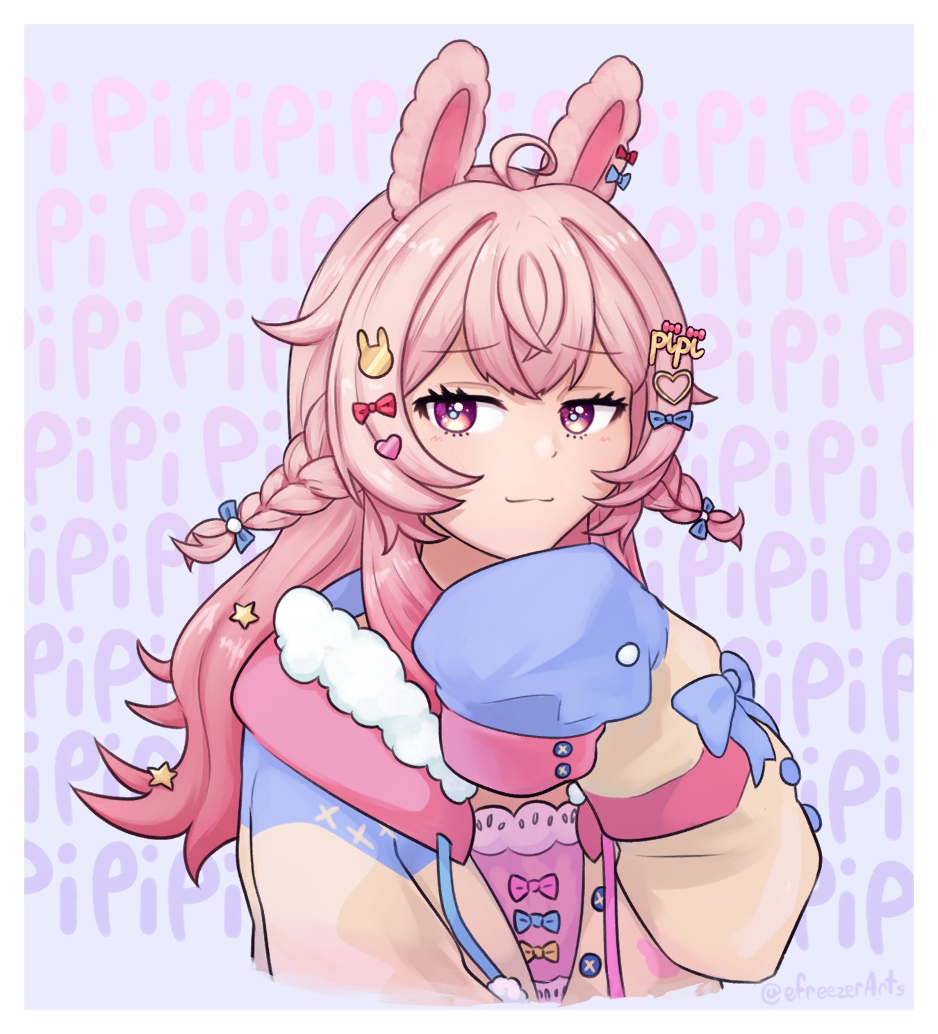 1girl, :3, ahoge, animal_ears, border, bow, braid, bunny_hair_ornament