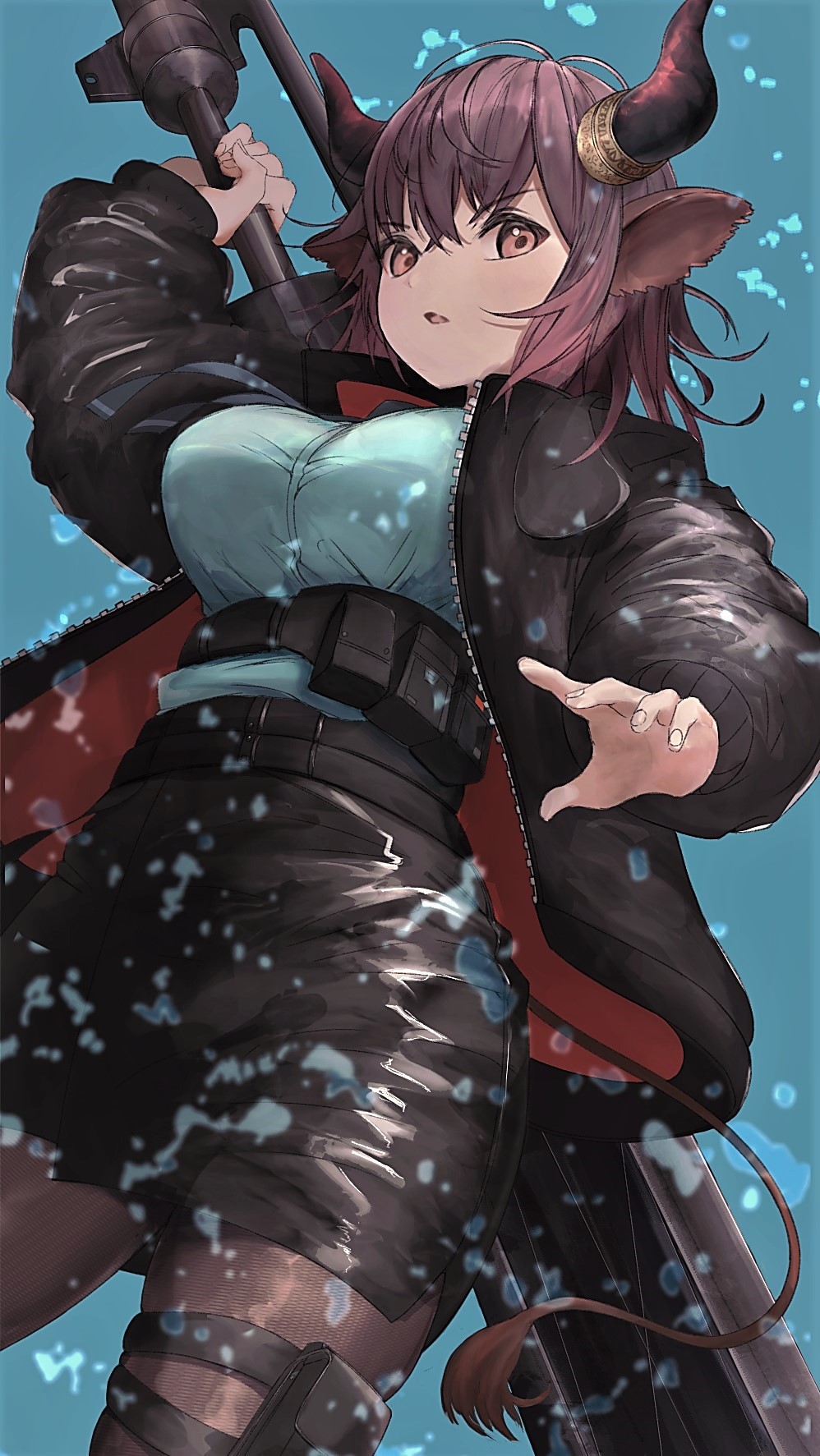 1girl, animal_ears, arknights, arm_up, black_jacket, black_skirt, blue_background, blue_shirt