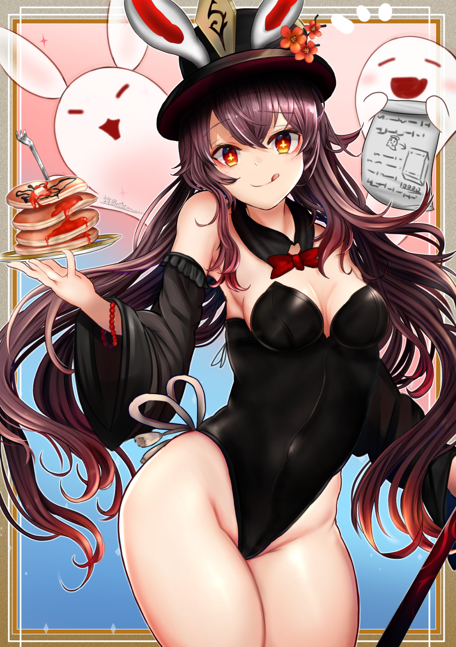 1girl, :q, animal_ears, bare_shoulders, black_headwear, black_leotard, bow, bowtie