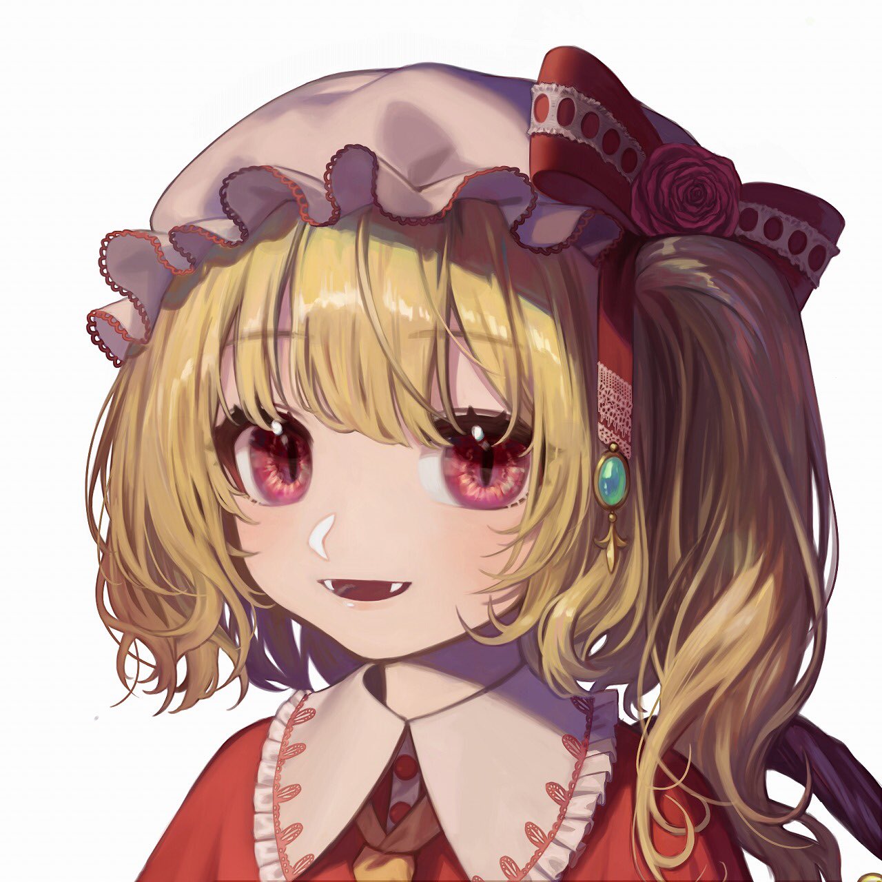 1girl, bangs, blonde_hair, bow, commentary_request, crystal, dress, eyebrows_visible_through_hair