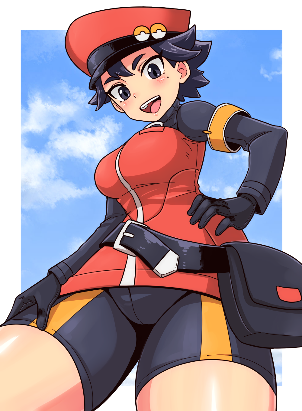 1girl, :d, bangs, belt, bike_shorts, black_bag, black_gloves, black_hair