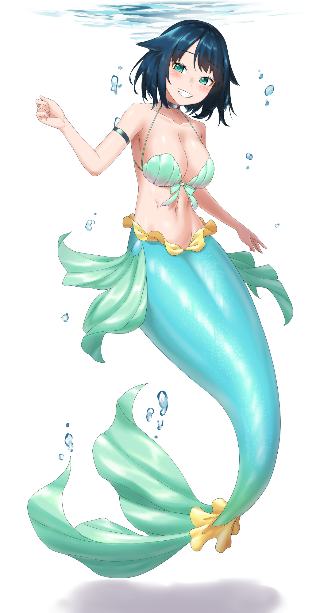 1girl, blue_hair, blush, breasts, bubble, fins, fukami_nana, green_eyes