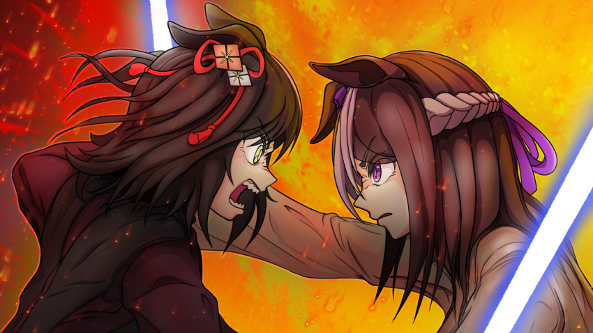 2girls, anakin_skywalker, anakin_skywalker_(cosplay), animal_ears, braid, commentary_request, cosplay, dilated_pupils