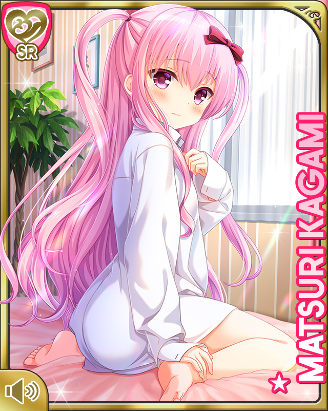 1girl, ass, barefoot, bed, blush, bow, character_name, curtains