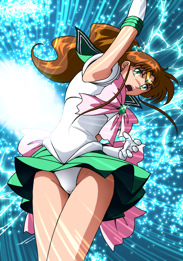 1girl, arm_up, bishoujo_senshi_sailor_moon, brown_hair, circlet, clothes_lift, collared_shirt, earrings, elbow_gloves, floating_hair, gloves, green_eyes, green_sailor_collar, green_skirt, hair_bobbles, hair_ornament, jewelry, kaze_no_ryuuryuu, long_hair, miniskirt, open_mouth, panties, pink_neckwear, pleated_skirt, sailor_collar, sailor_collar_lift, sailor_jupiter, sailor_senshi, sailor_senshi_uniform, sailor_shirt, shiny, shiny_hair, shirt, skirt, skirt_lift, solo, sparkle, standing, underwear, very_long_hair, white_gloves, white_panties, white_shirt